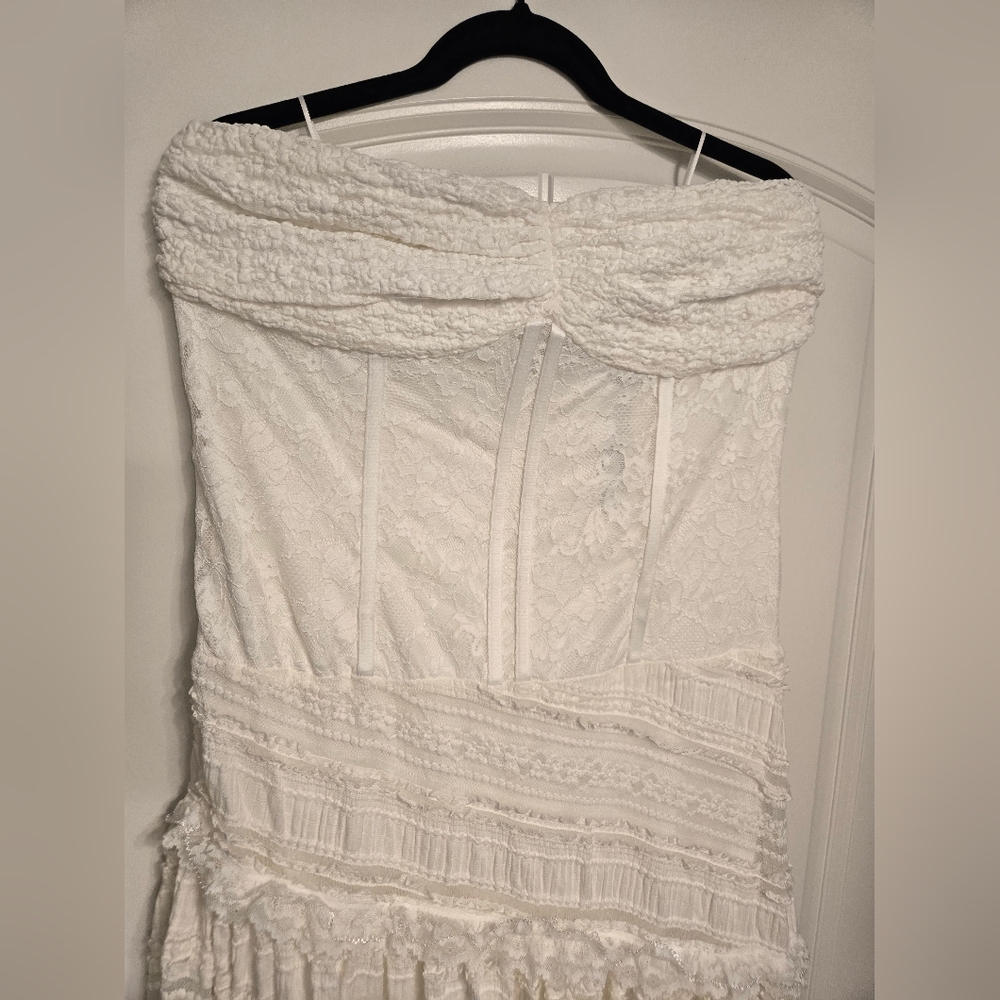 Anthropologie White Tiered Lace Midi Dress Strapless - Picture 4 of 8